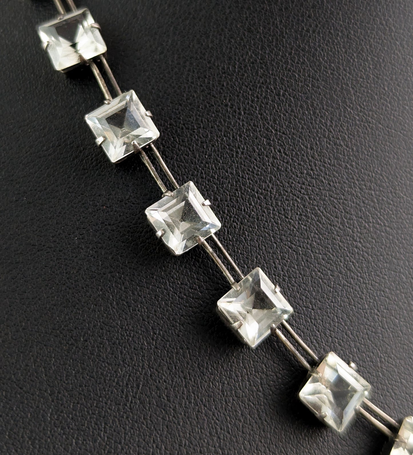 Vintage Art Deco square cut Paste Riviere necklace, sterling silver