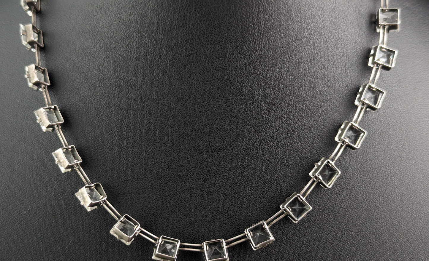 Vintage Art Deco square cut Paste Riviere necklace, sterling silver