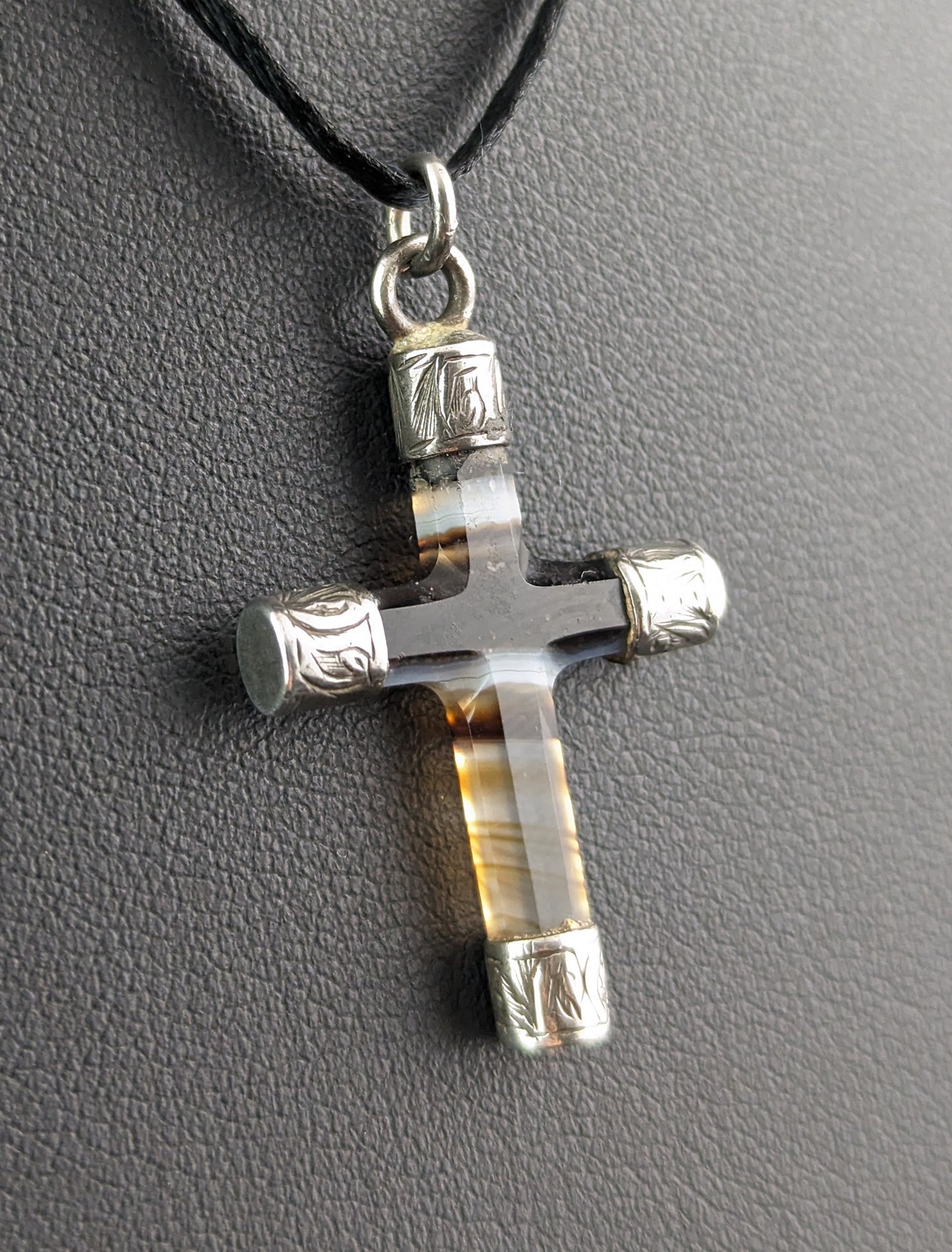 Antique banded agate Cross pendant, Victorian, sterling silver