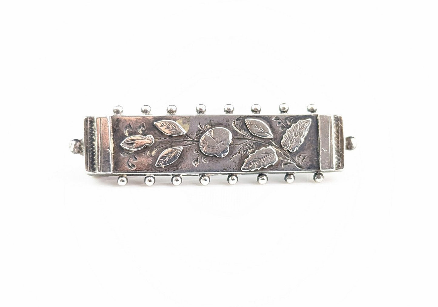 Antique sterling silver bar brooch, leaves, Aesthetic Victorian
