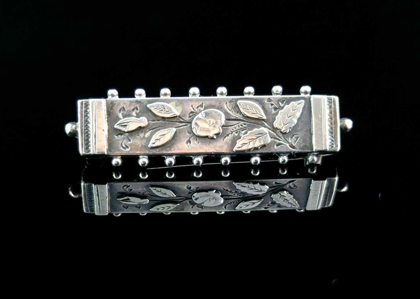 Antique sterling silver bar brooch, leaves, Aesthetic Victorian