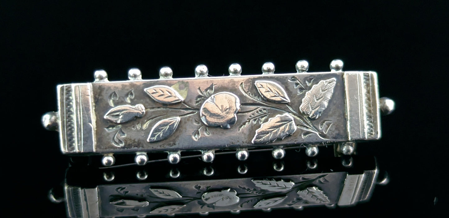 Antique sterling silver bar brooch, leaves, Aesthetic Victorian