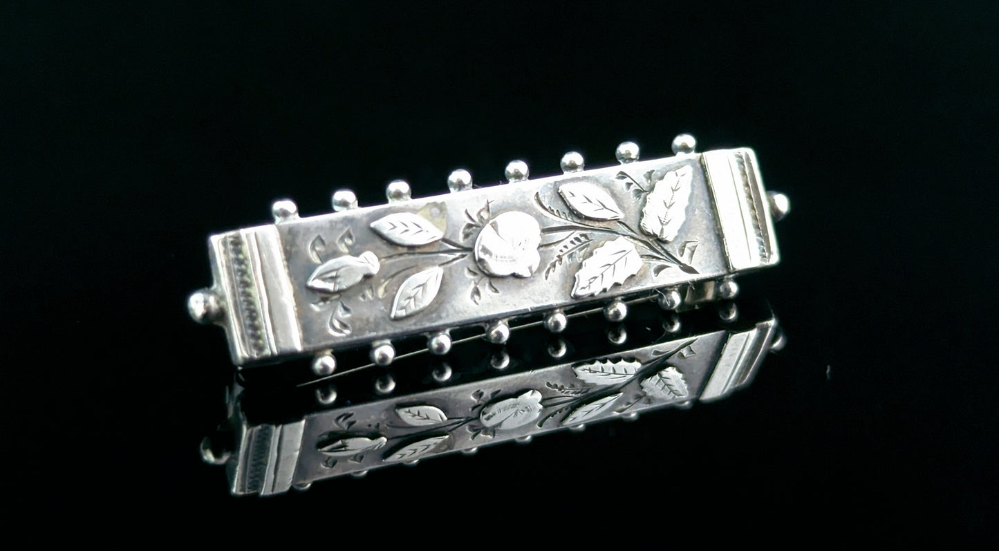 Antique sterling silver bar brooch, leaves, Aesthetic Victorian