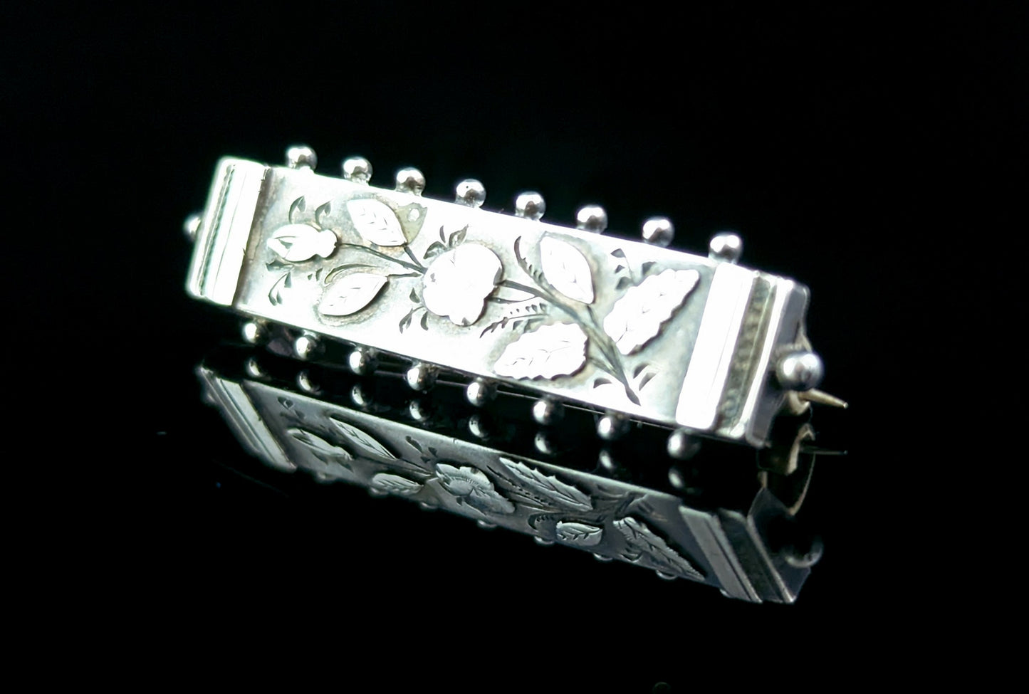 Antique sterling silver bar brooch, leaves, Aesthetic Victorian