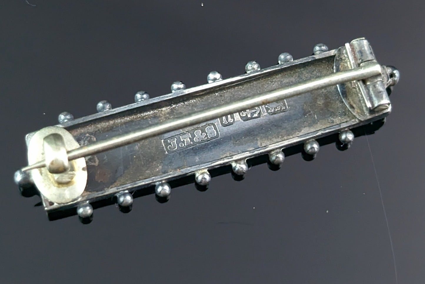 Antique sterling silver bar brooch, leaves, Aesthetic Victorian