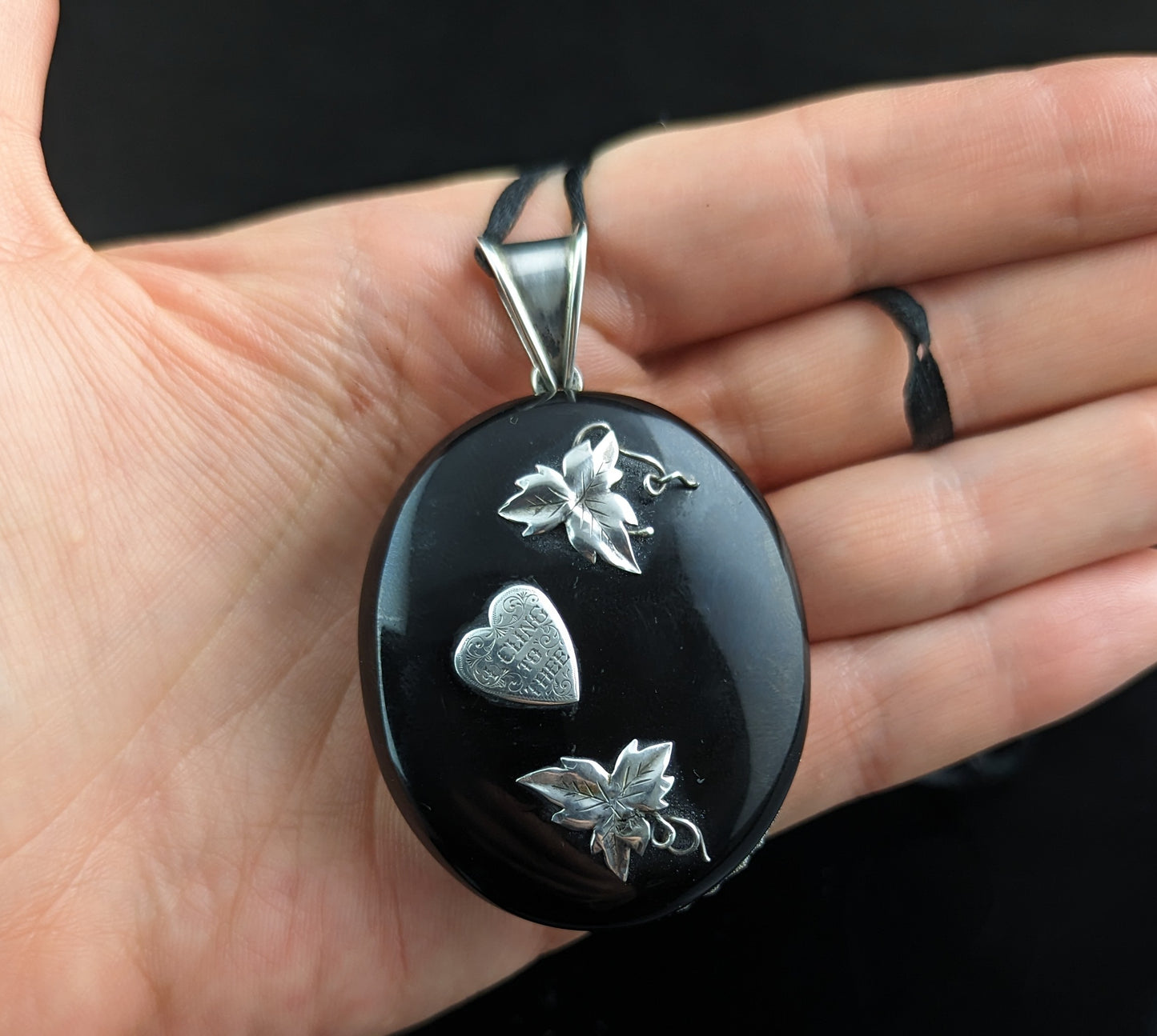 Antique Victorian I cling to thee locket, Whitby Jet and sterling silver