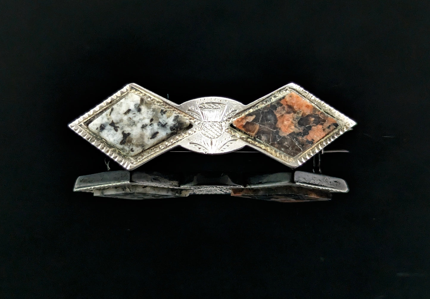 Antique Scottish silver thistle brooch, agate, granite
