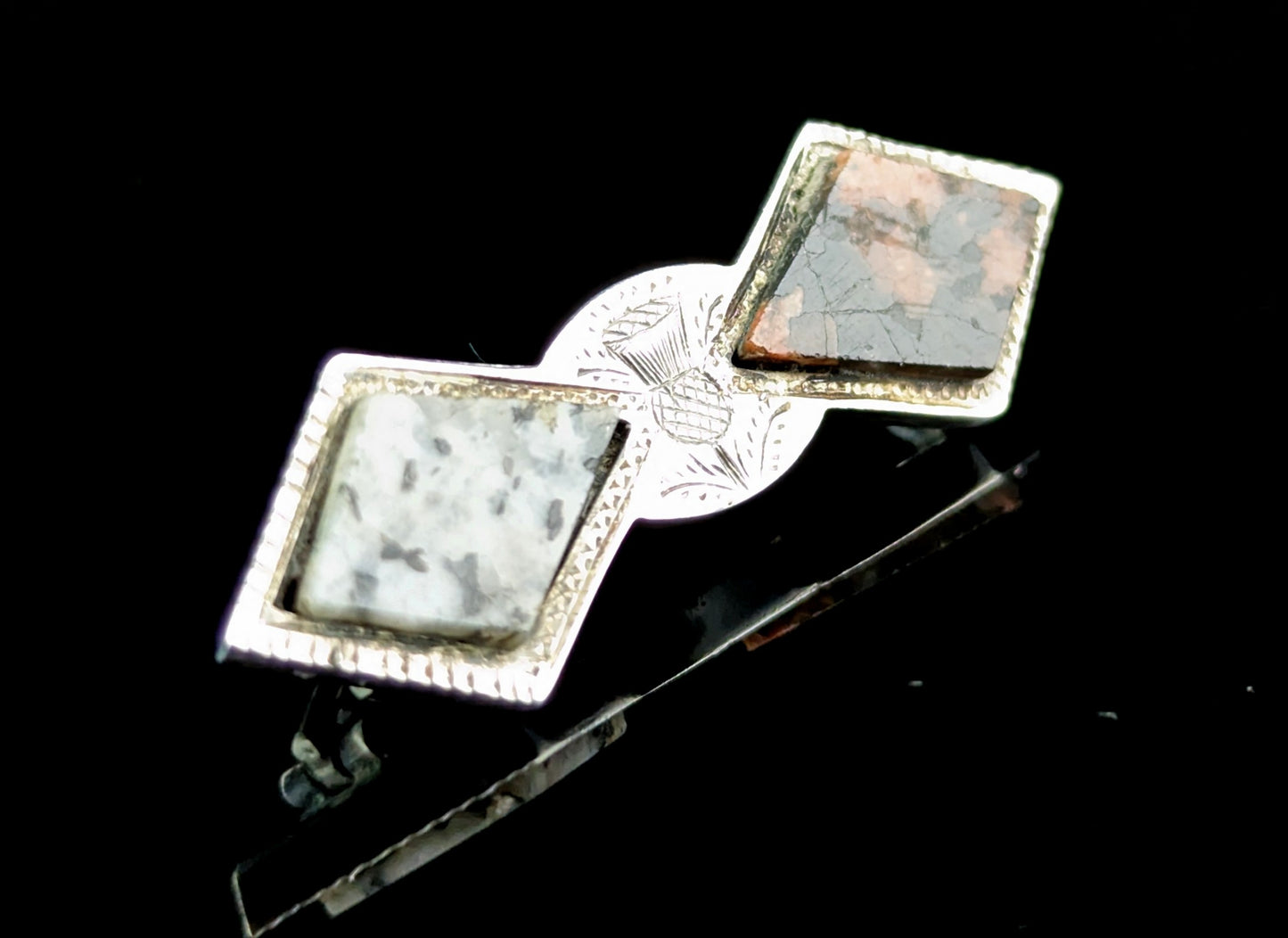 Antique Scottish silver thistle brooch, agate, granite