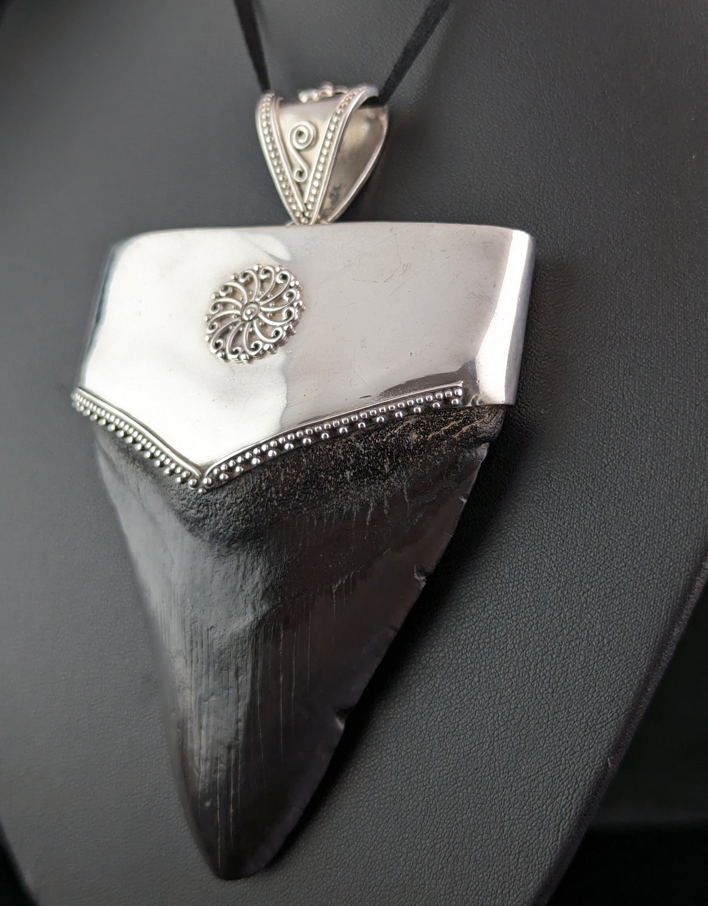 Vintage silver fossil pendant, Megalodon tooth