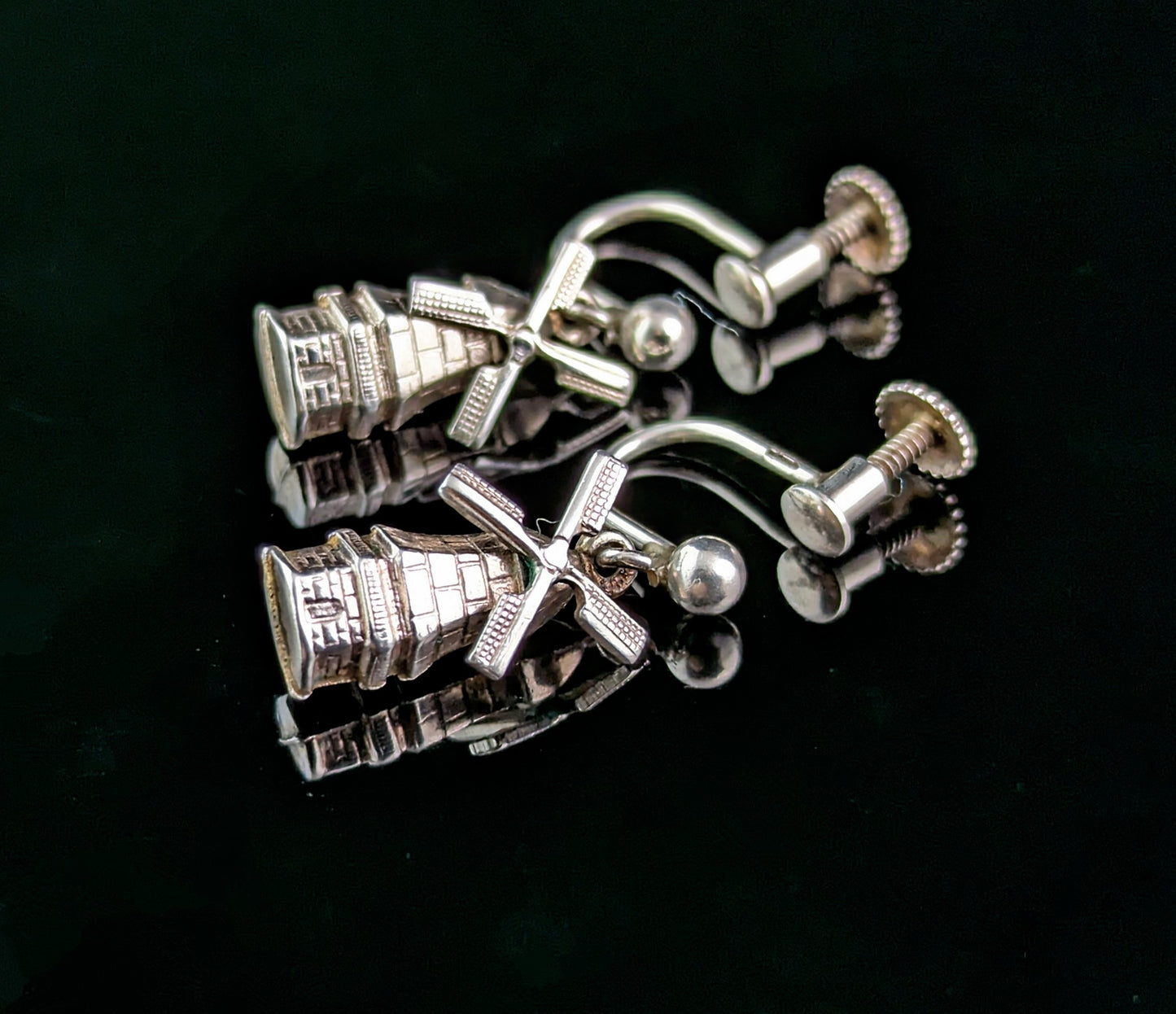 Vintage novelty silver windmill earrings, articulated