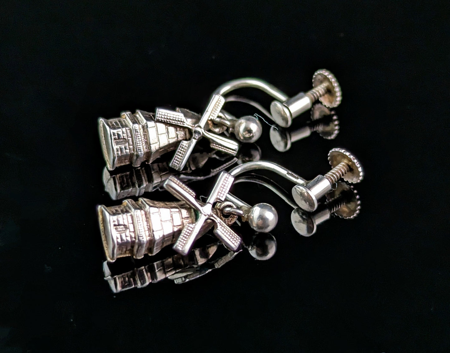 Vintage novelty silver windmill earrings, articulated