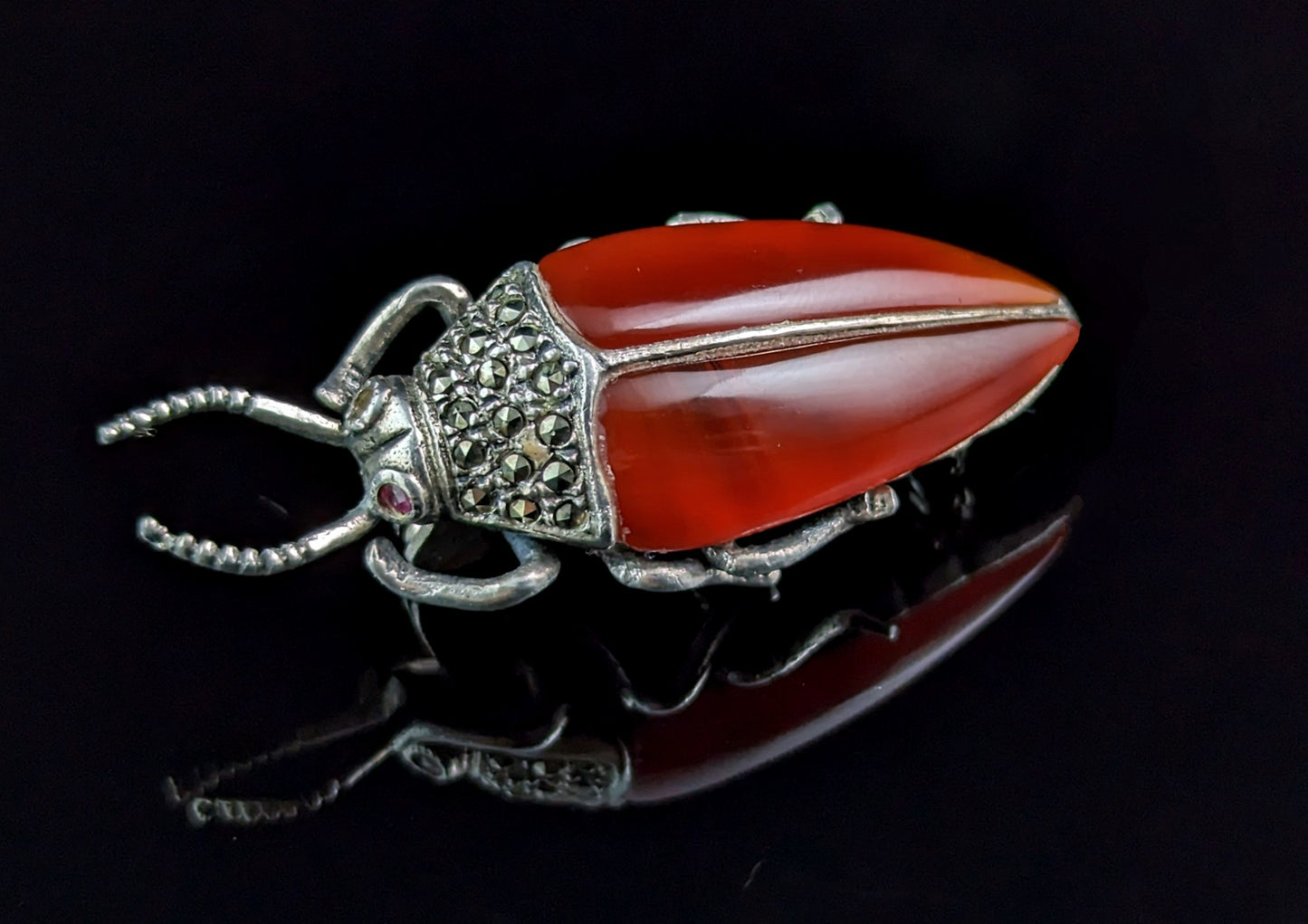 Vintage Carnelian and Marcasite beetle brooch, sterling silver