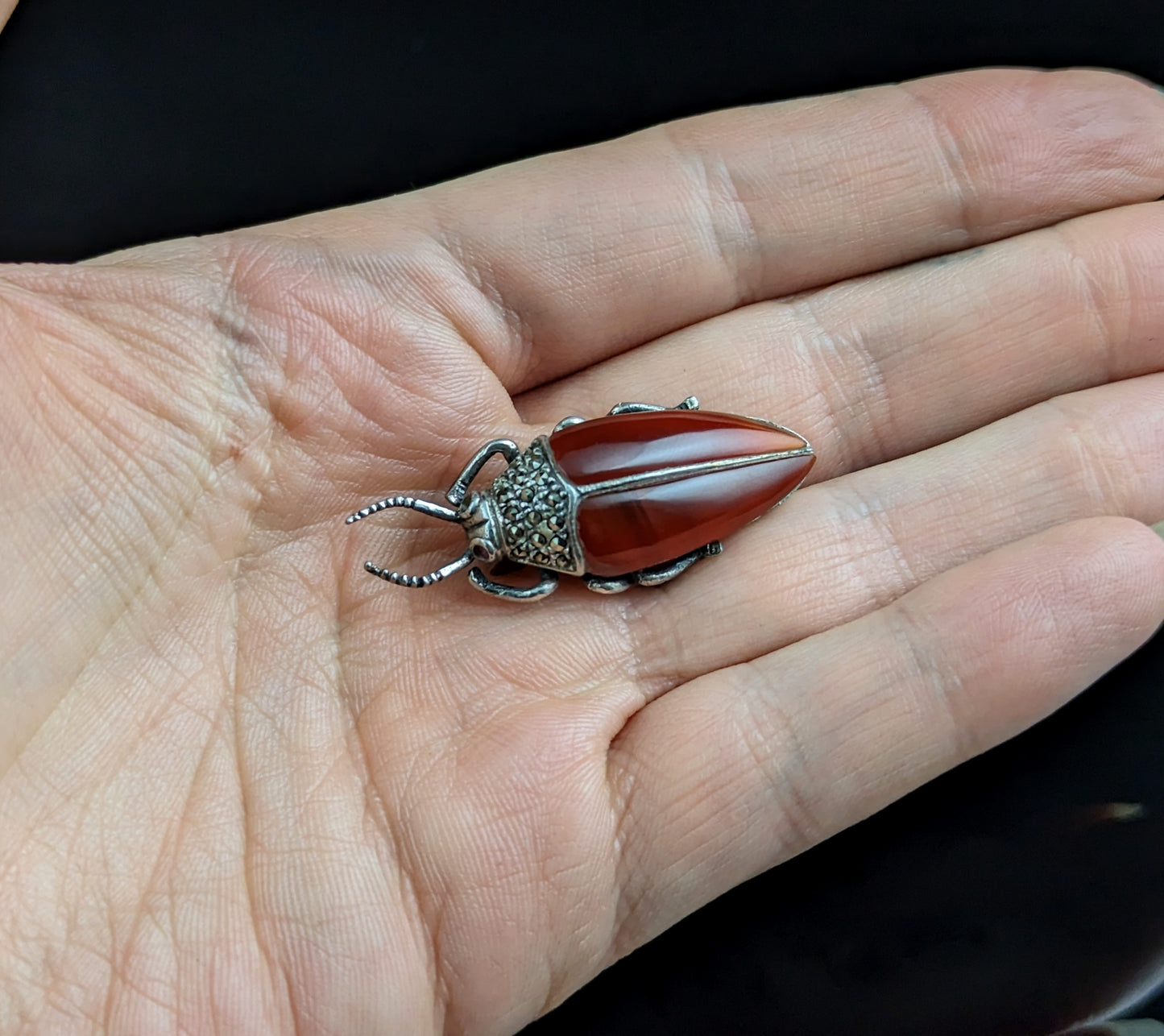 Vintage Carnelian and Marcasite beetle brooch, sterling silver