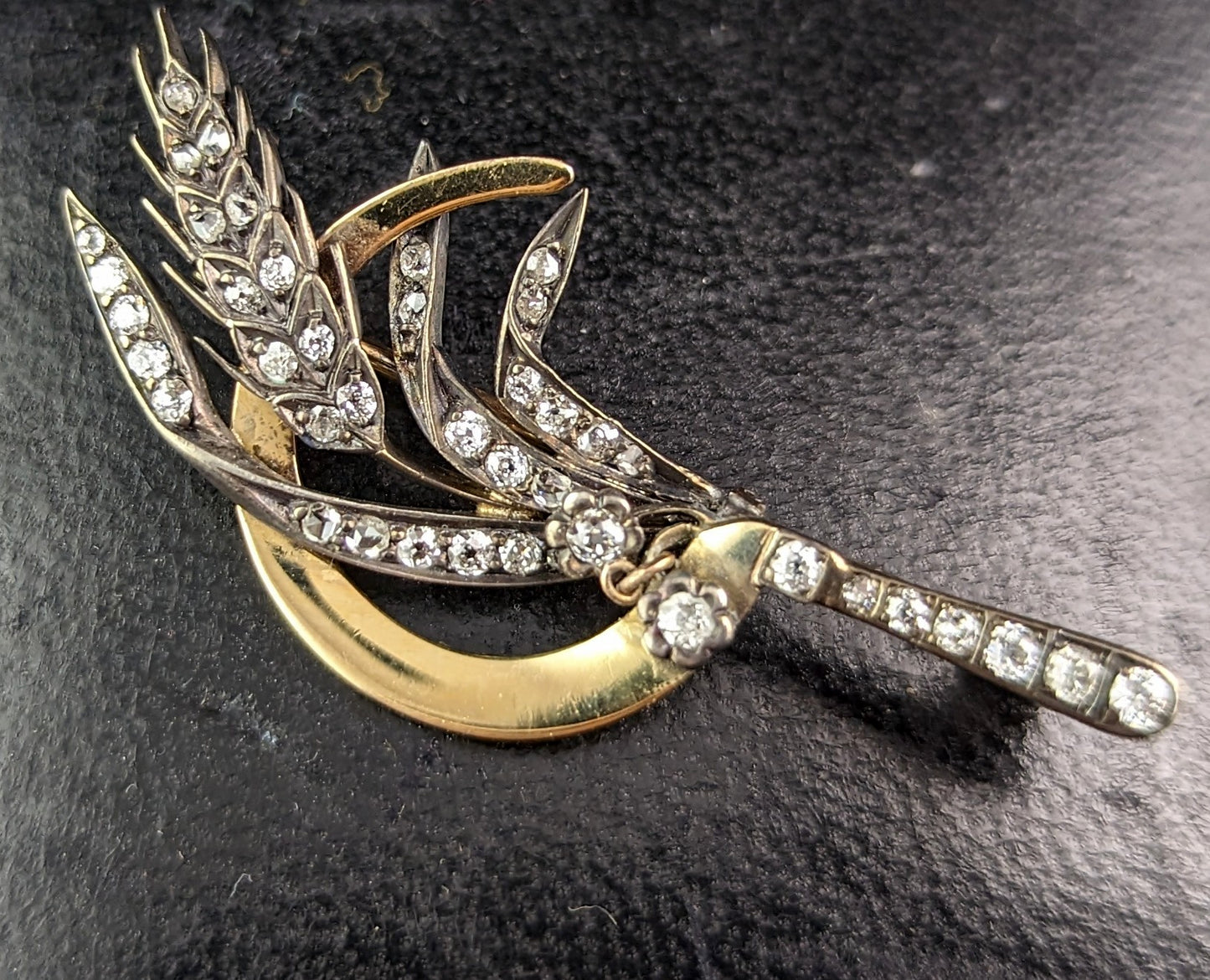 Antique Diamond Sickle and Wheat brooch, 9ct gold and silver, Victorian