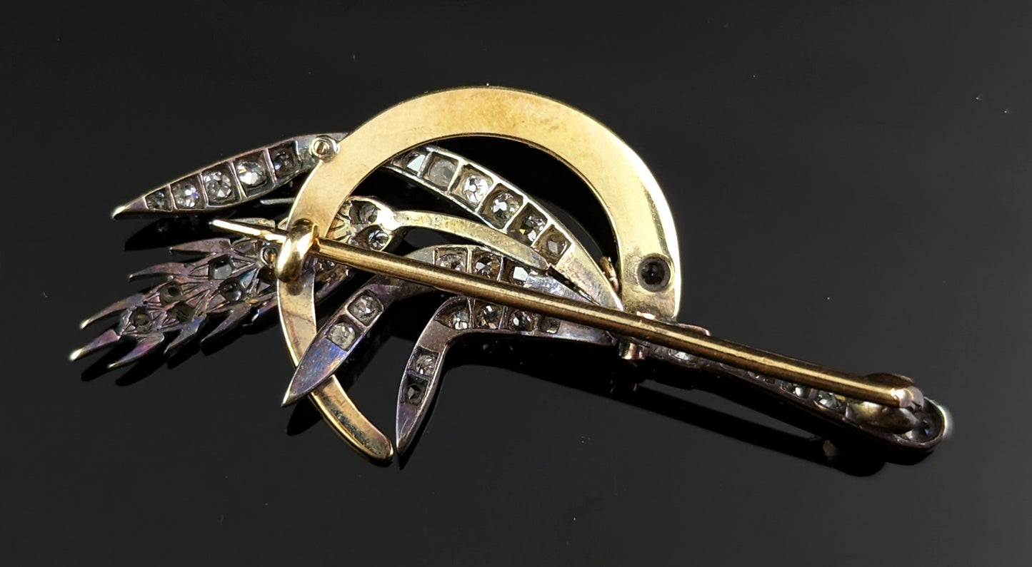 Antique Diamond Sickle and Wheat brooch, 9ct gold and silver, Victorian