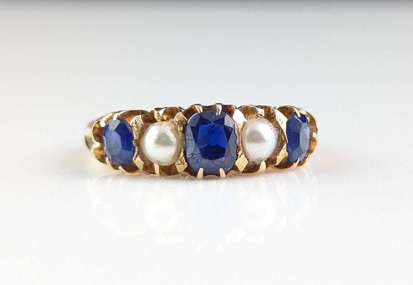 Antique Sapphire and Pearl five stone ring, 18ct gold, Victorian