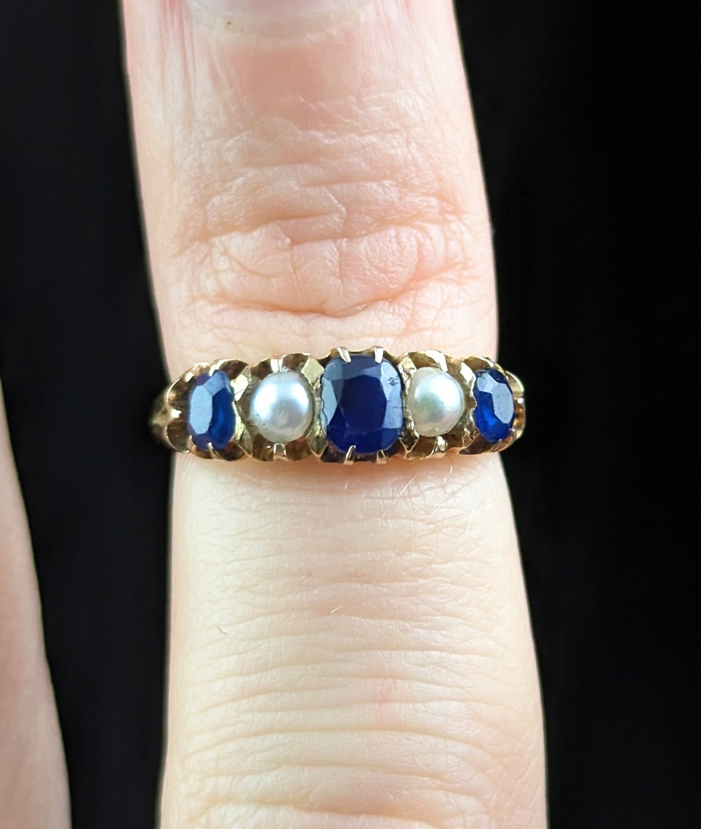 Antique Sapphire and Pearl five stone ring, 18ct gold, Victorian