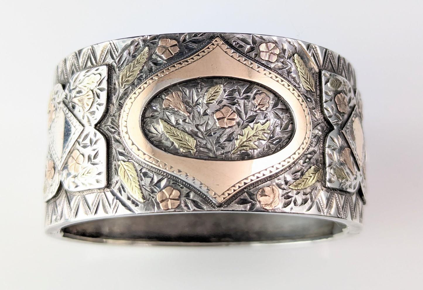 Antique Victorian silver Chunky bangle, 9ct gold Floral, Aesthetic