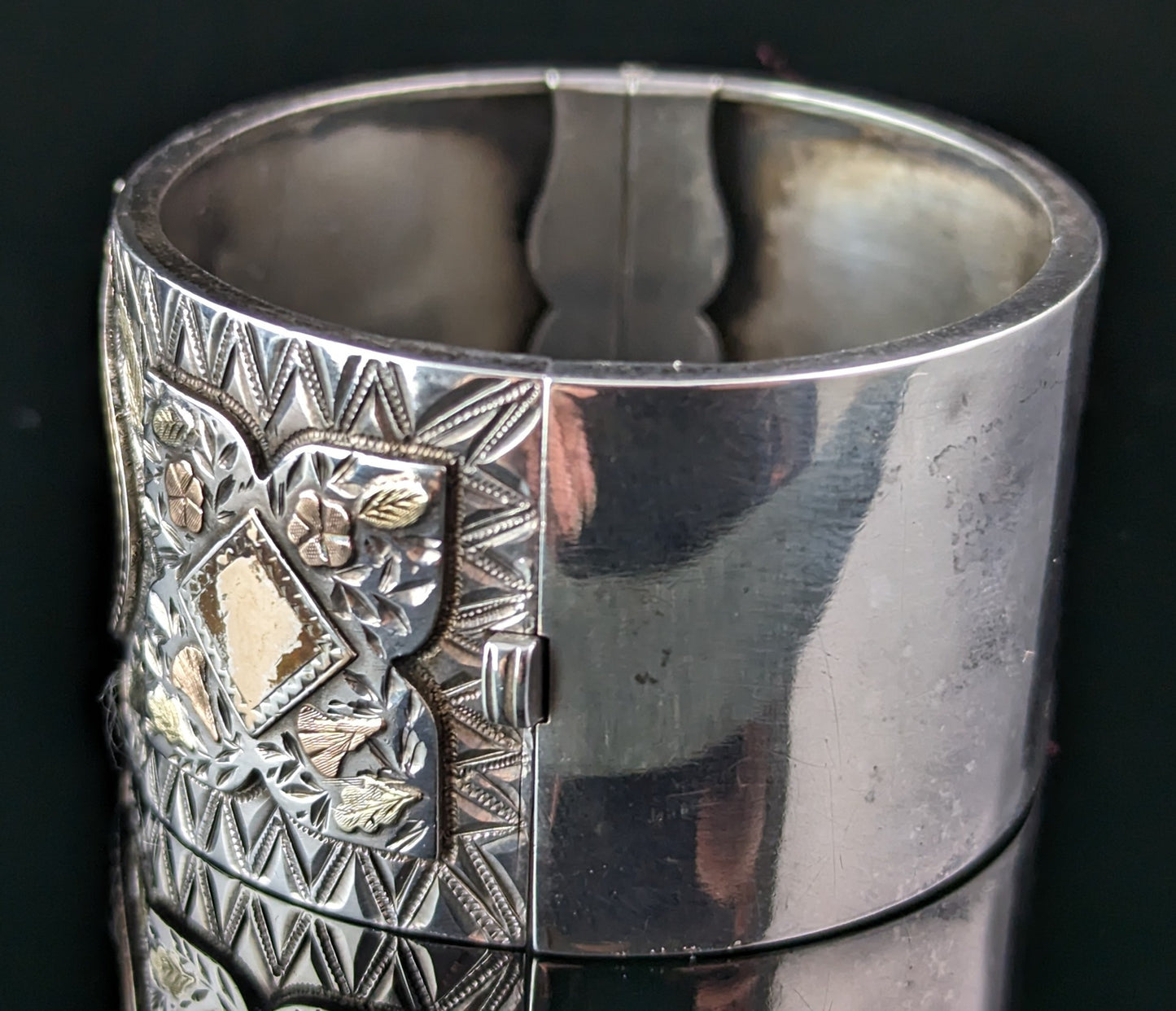 Antique Victorian silver Chunky bangle, 9ct gold Floral, Aesthetic