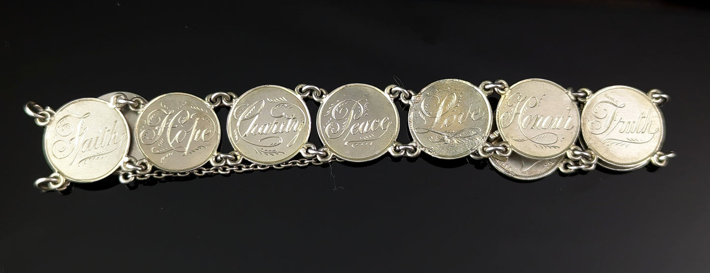 Antique Victorian silver Love token bracelet, coin bracelet