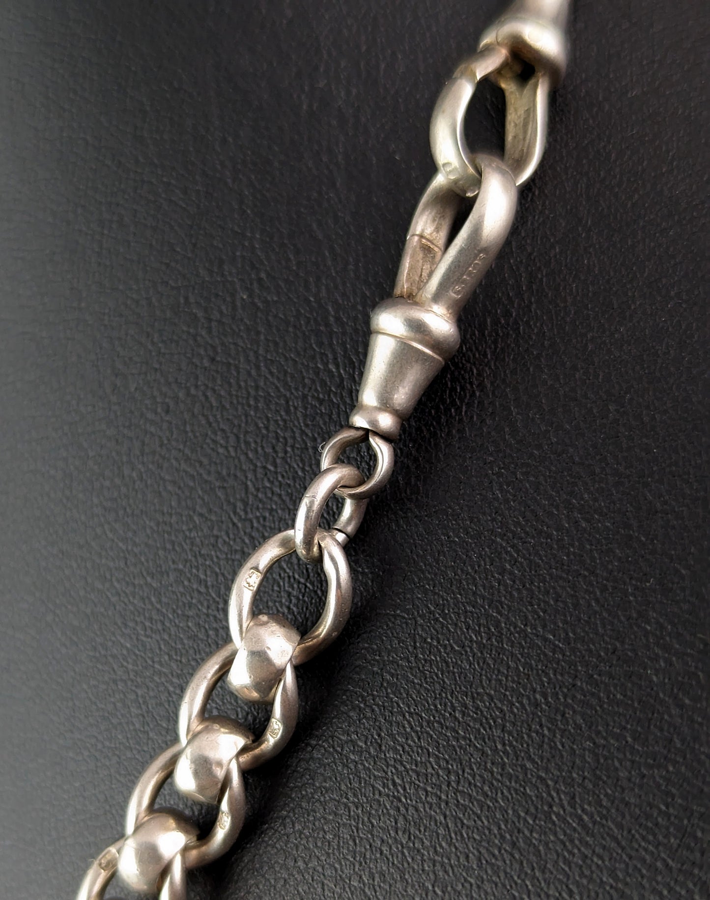 Antique sterling silver Albert chain, Fancy link, Rose gold shield fob