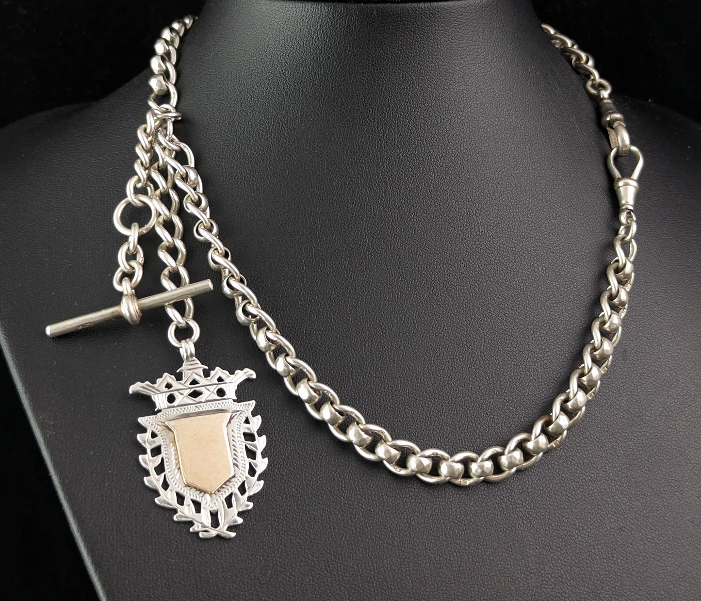 Antique sterling silver Albert chain, Fancy link, Rose gold shield fob