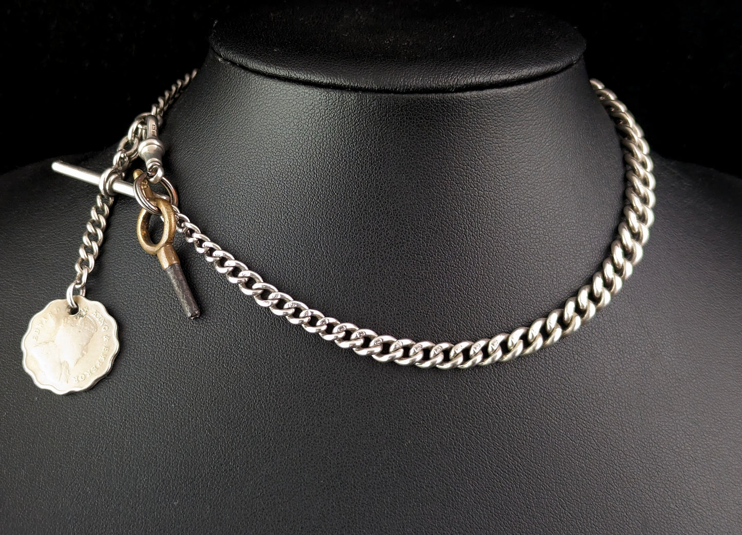 Antique sterling silver Albert chain, watch chain, Coin fob