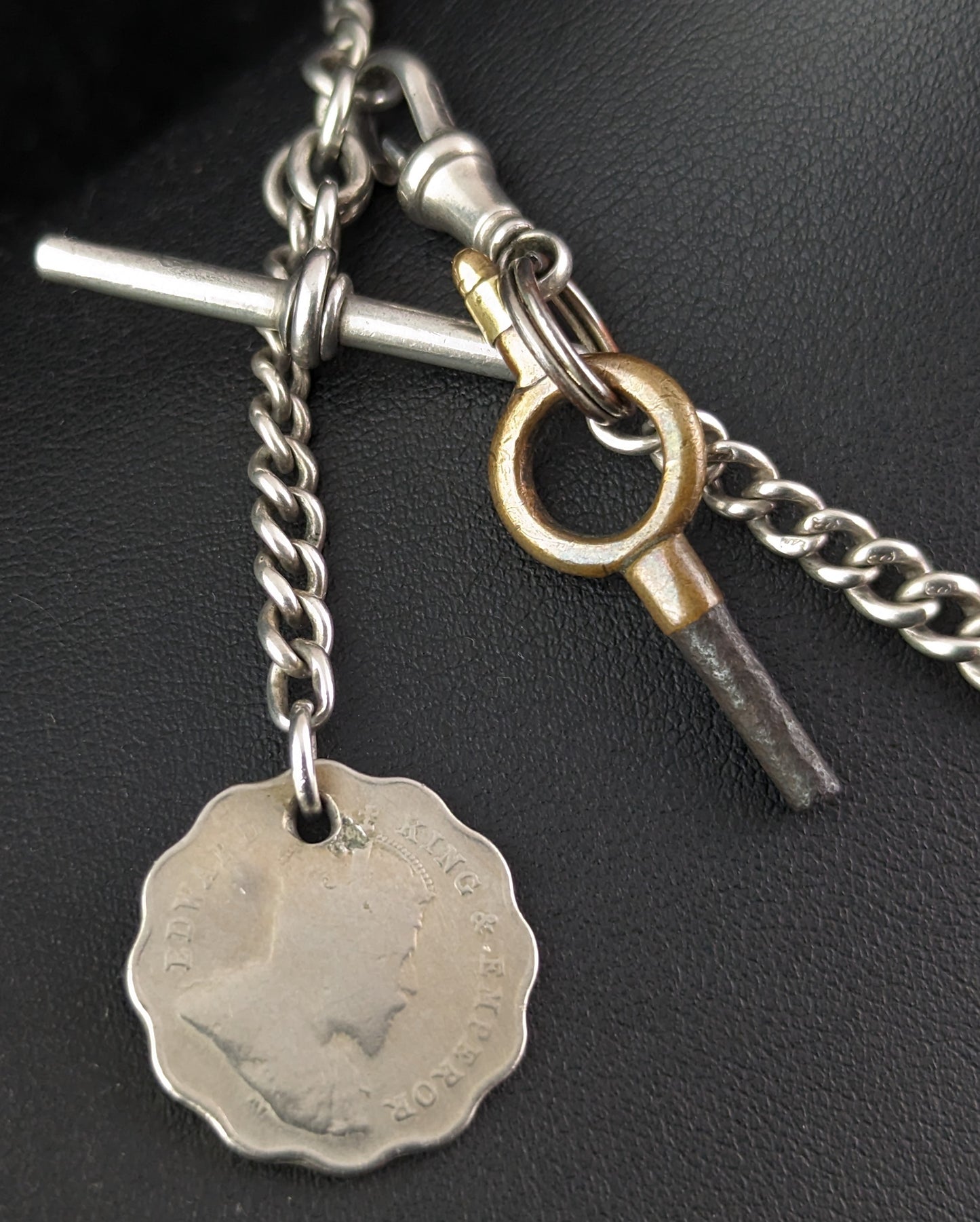 Antique sterling silver Albert chain, watch chain, Coin fob