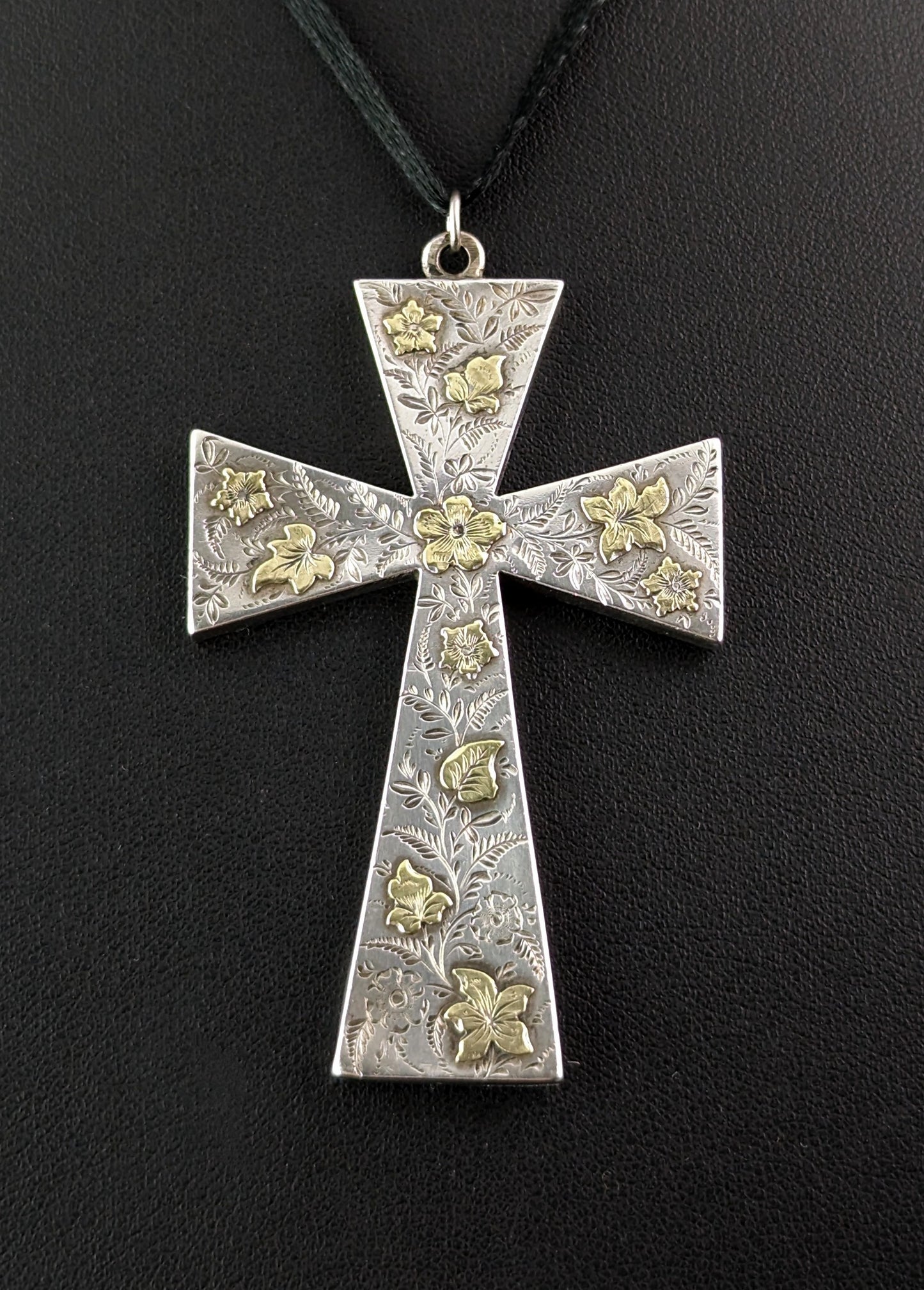 Antique Victorian Aesthetic cross pendant, sterling silver and 9ct gold
