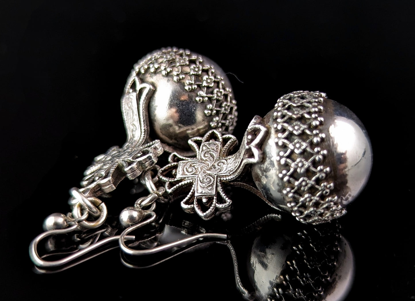 Antique Victorian silver orb and cross earrings, Globus Cruciger
