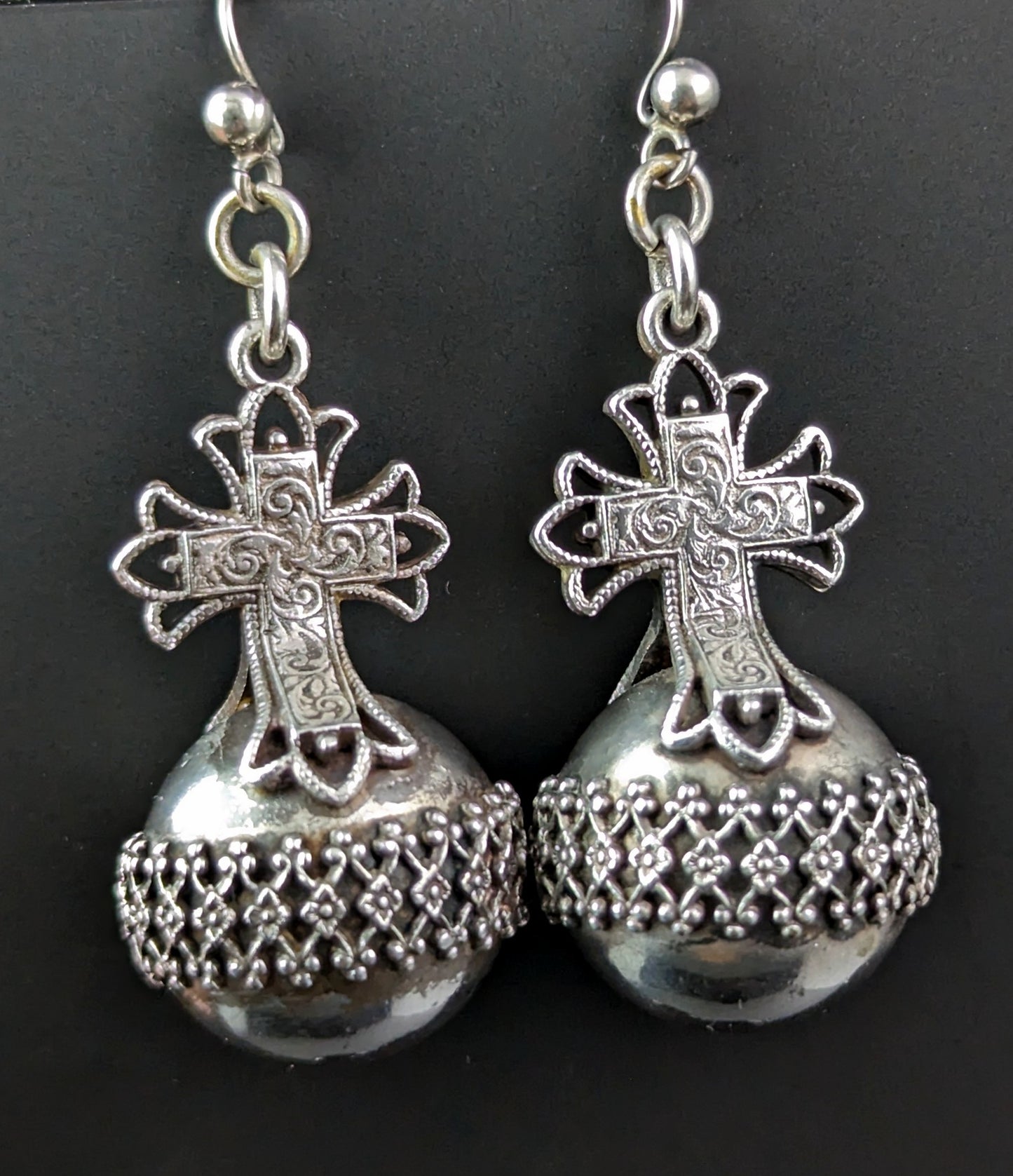 Antique Victorian silver orb and cross earrings, Globus Cruciger