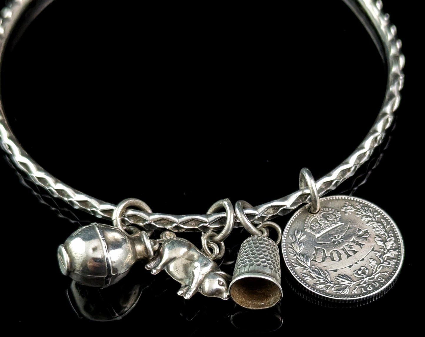 Antique sterling silver charm bangle, bracelet, lucky charms