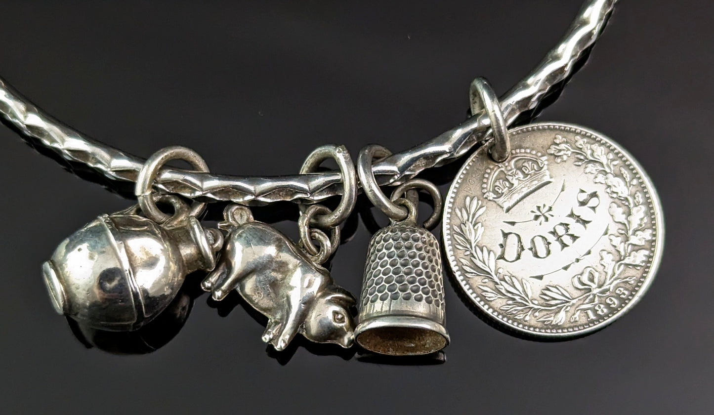 Antique sterling silver charm bangle, bracelet, lucky charms