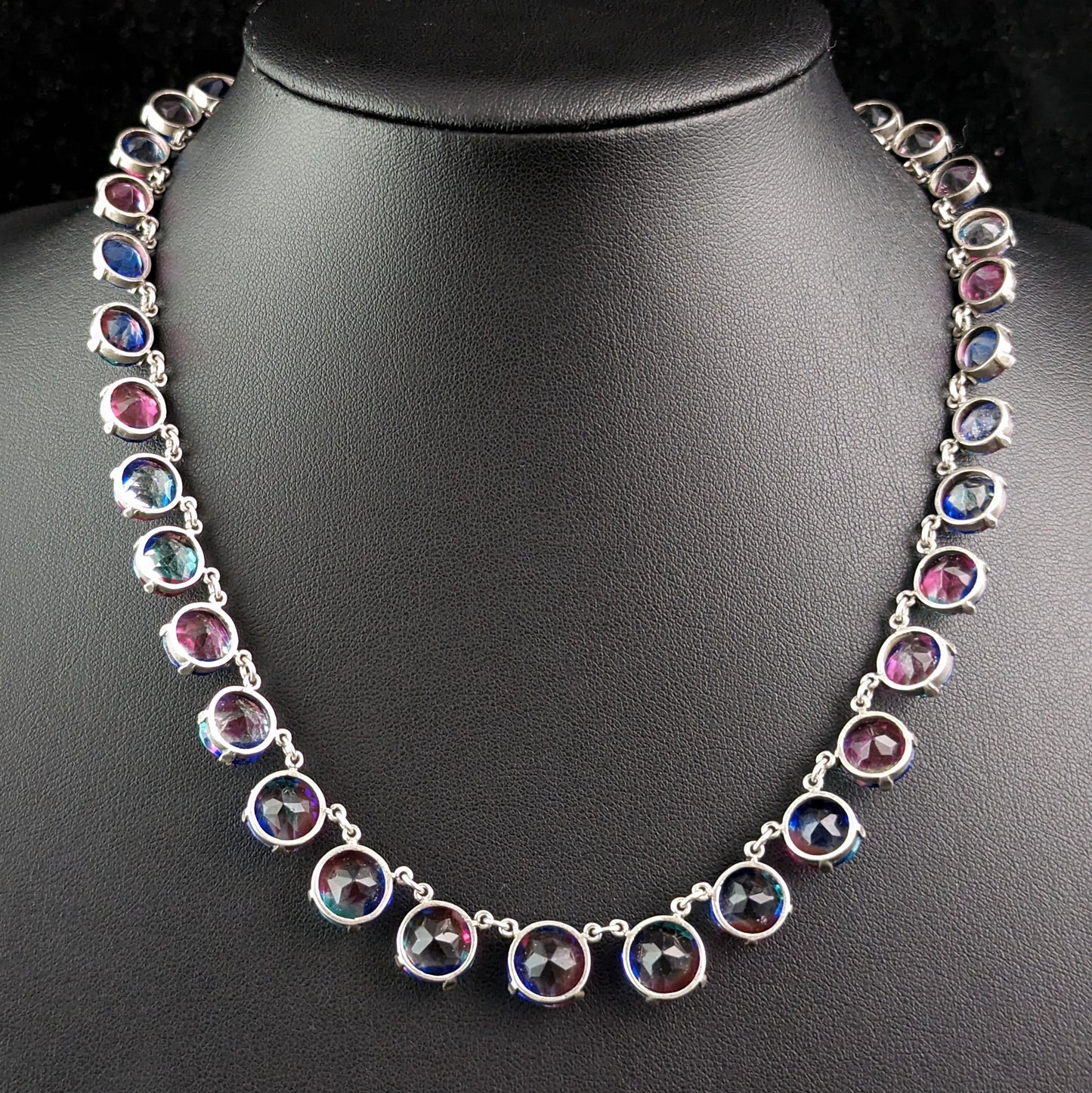 Vintage Art Deco sterling silver and Iris glass riviere necklace