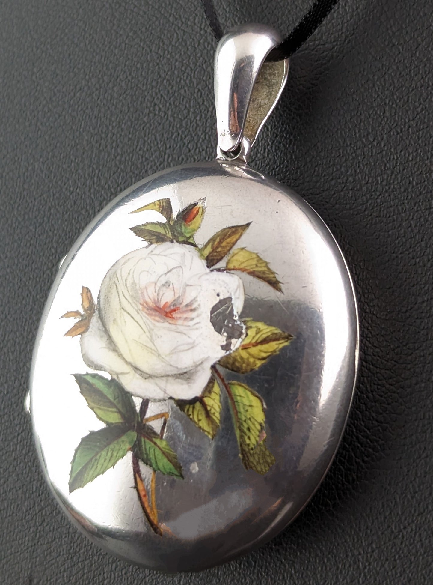 Antique Enamelled silver locket, White Rose, Victorian