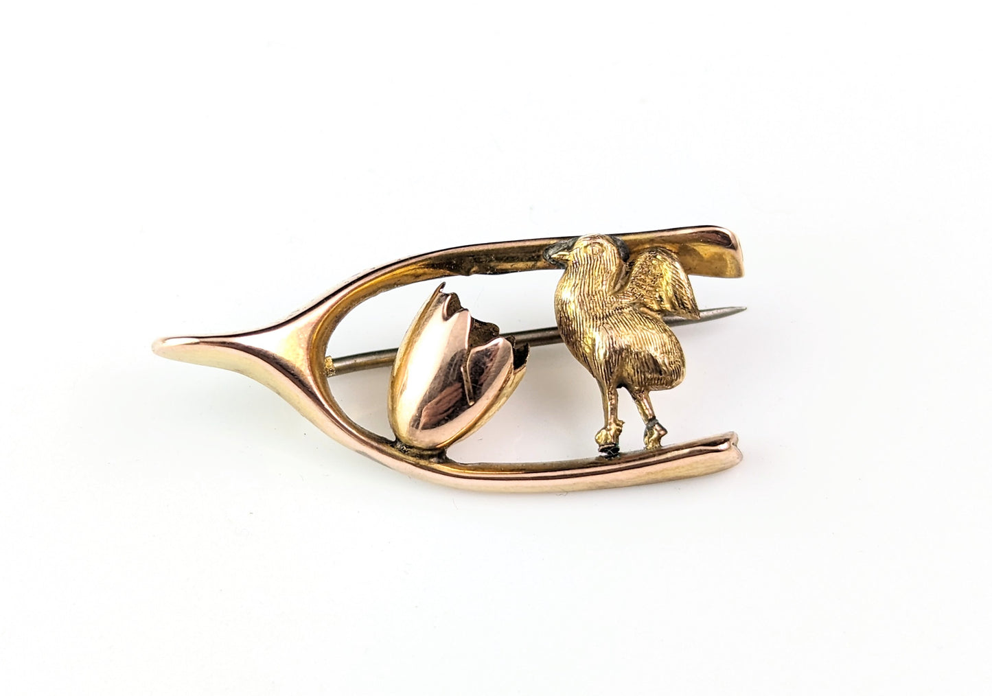 Antique Victorian Chick and Egg brooch, 9ct gold, Lucky Wishbone