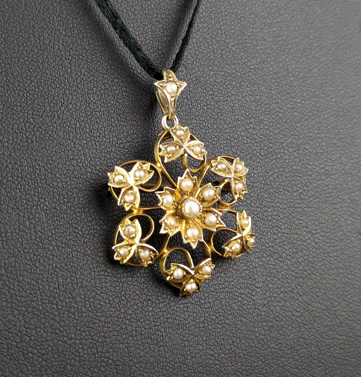 Antique Pearl flower pendant brooch, 9ct gold, Art Nouveau