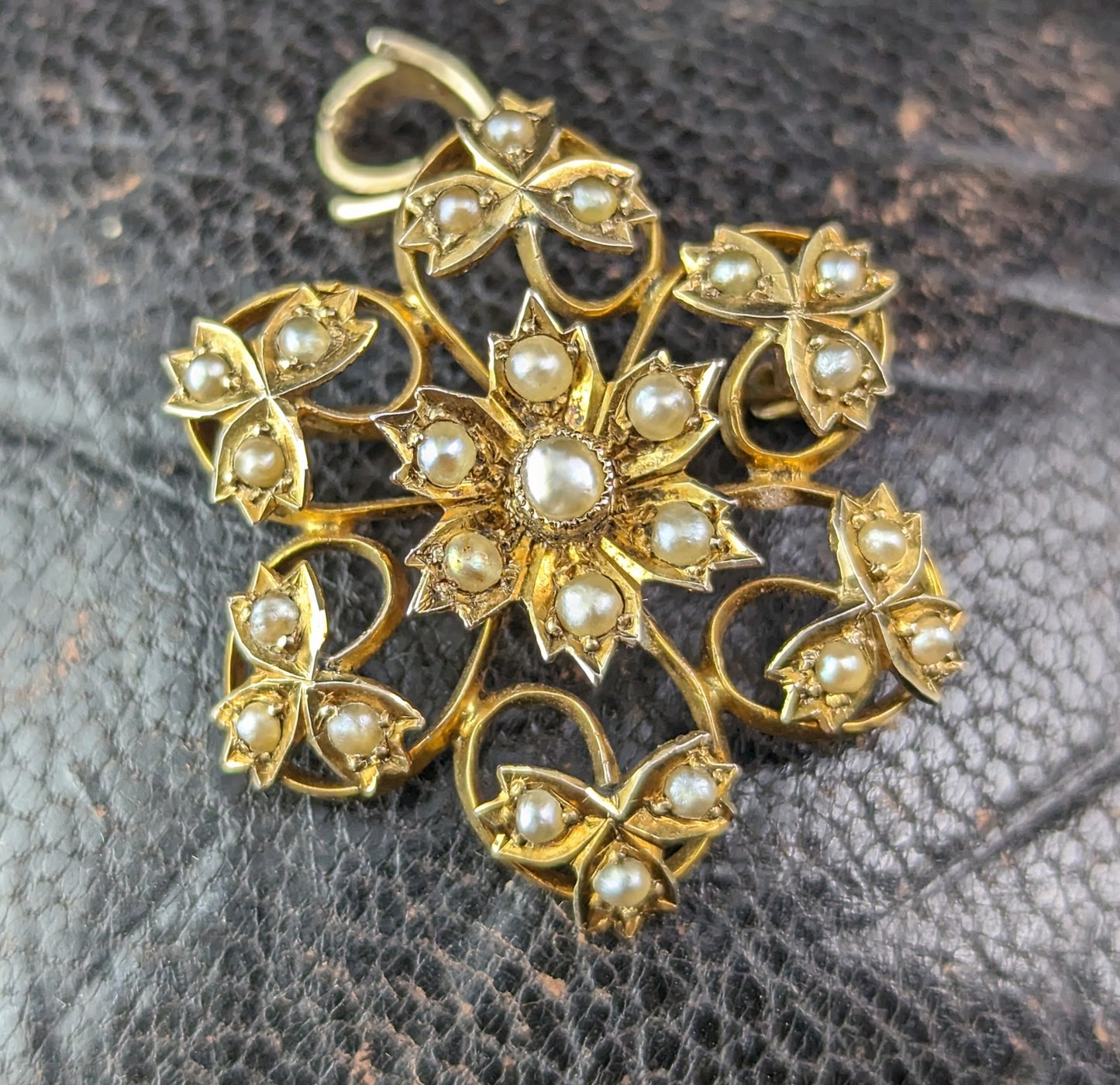 Antique Pearl flower pendant brooch, 9ct gold, Art Nouveau