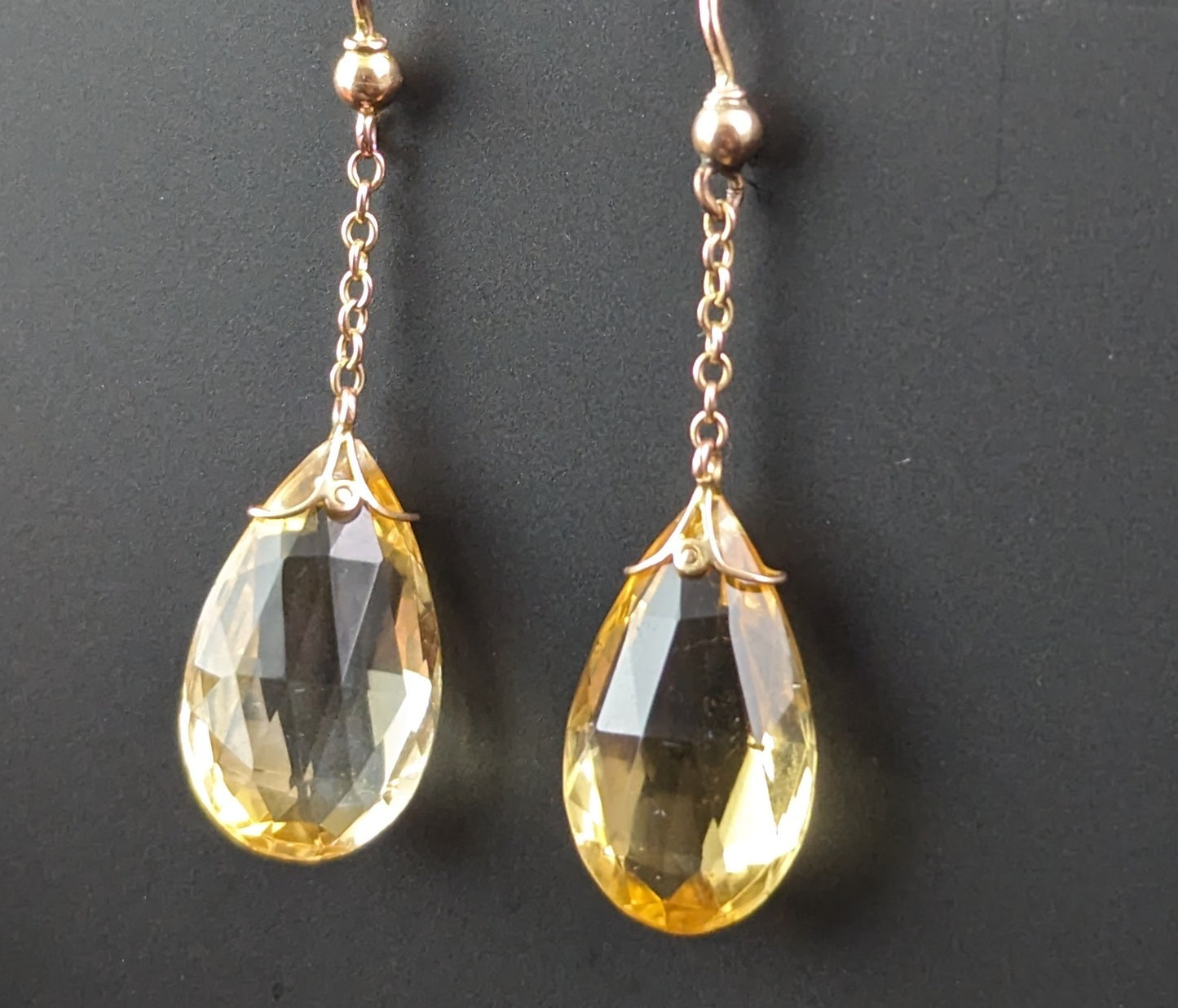 Antique Art Deco Citrine drop earrings, 9ct gold, Briolette cut