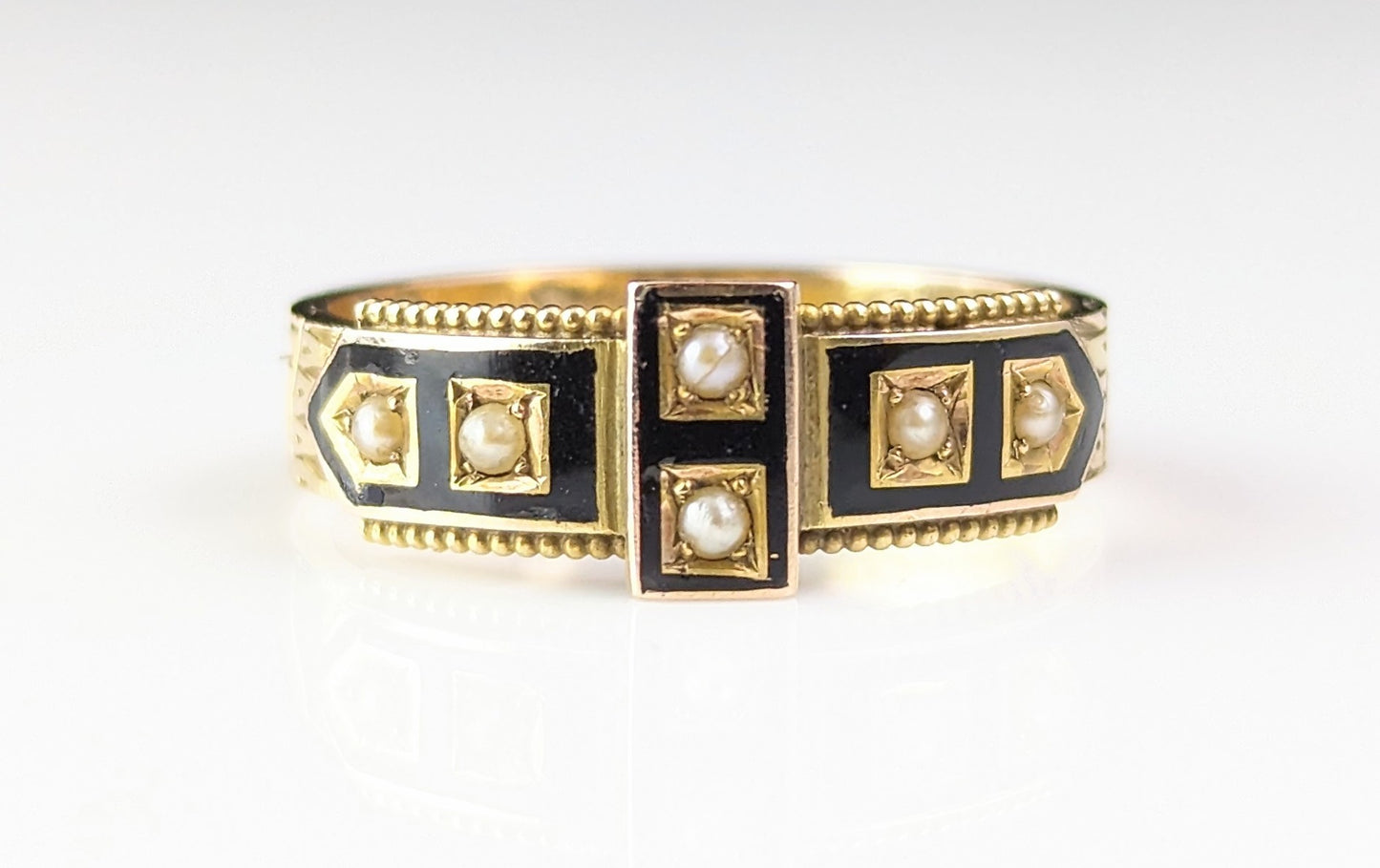 Antique Victorian mourning ring, Black enamel, Pearl, 9ct gold and hairwork