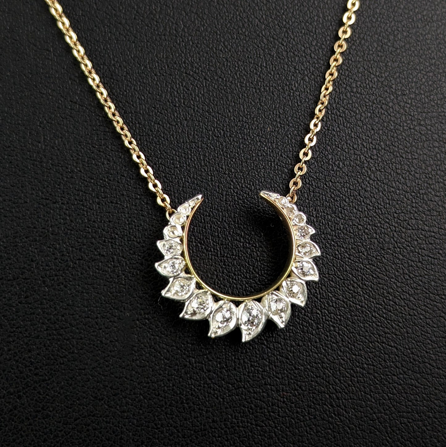 Antique Diamond Crescent moon pendant, necklace, 9ct gold