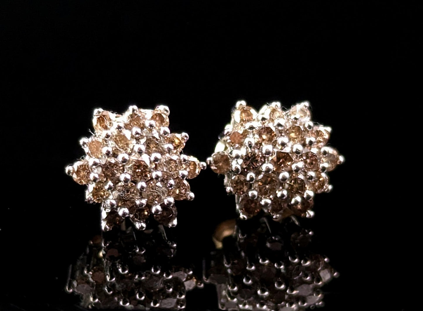 Vintage Brown Diamond stud earrings, Cluster, 9k