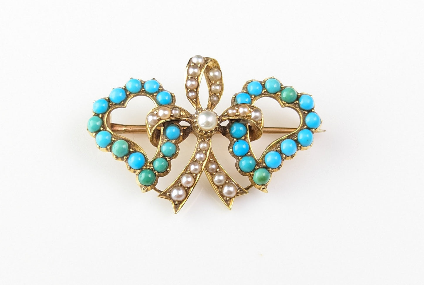 Antique Double witches heart brooch, 22ct gold, Turquoise and pearl, Victorian