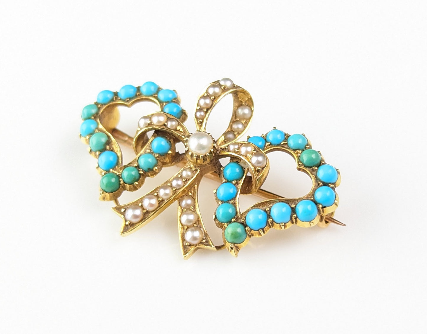 Antique Double witches heart brooch, 22ct gold, Turquoise and pearl, Victorian