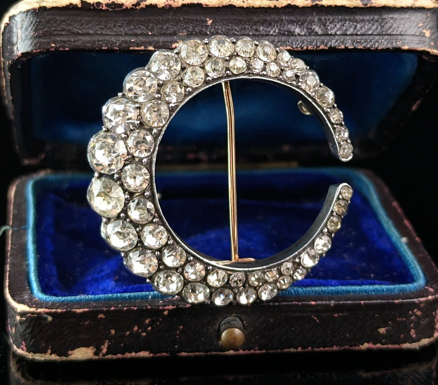 Antique Paste Crescent moon brooch, 9k gold and silver