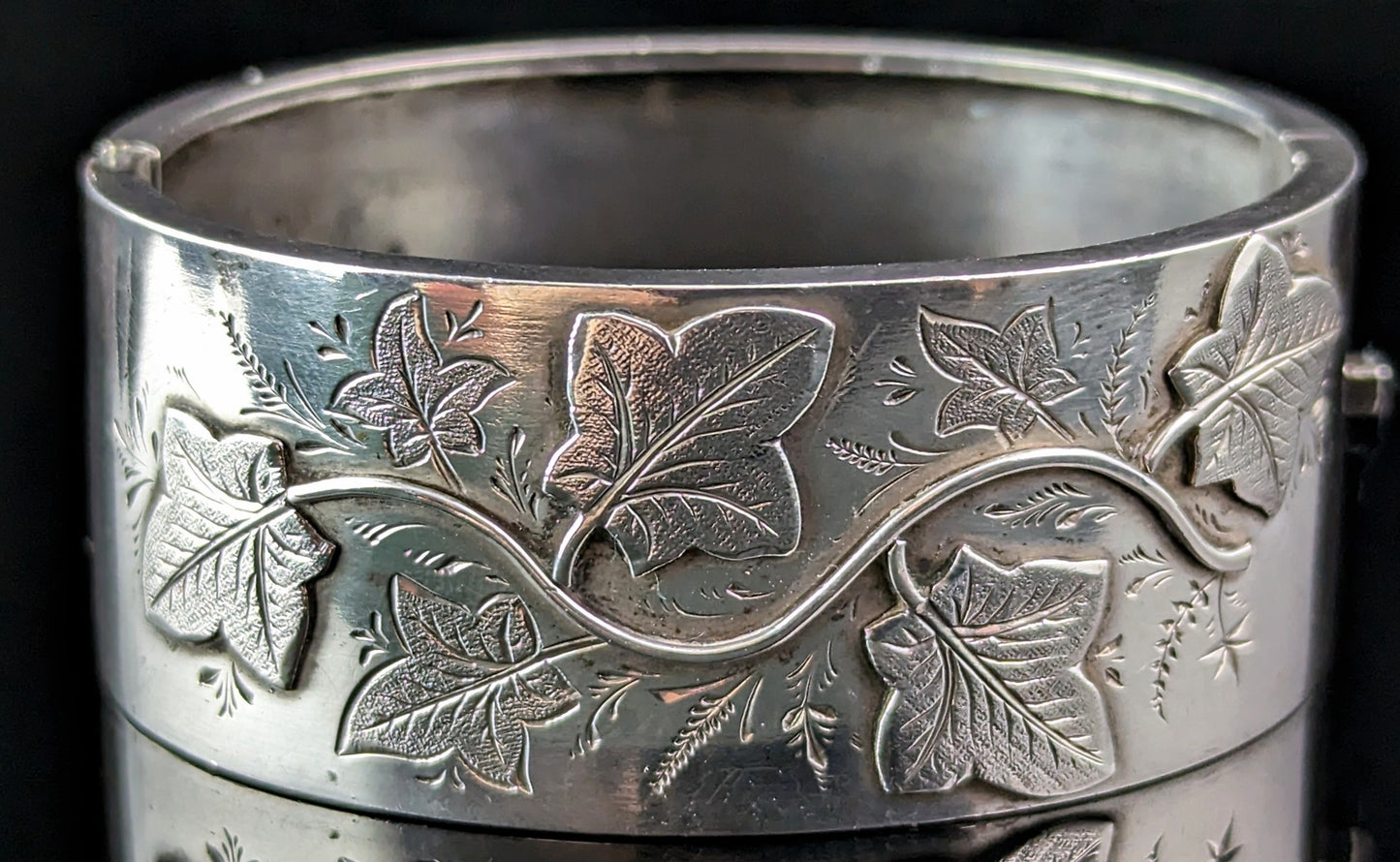 Antique Victorian chunky silver bangle, Ivy leaf