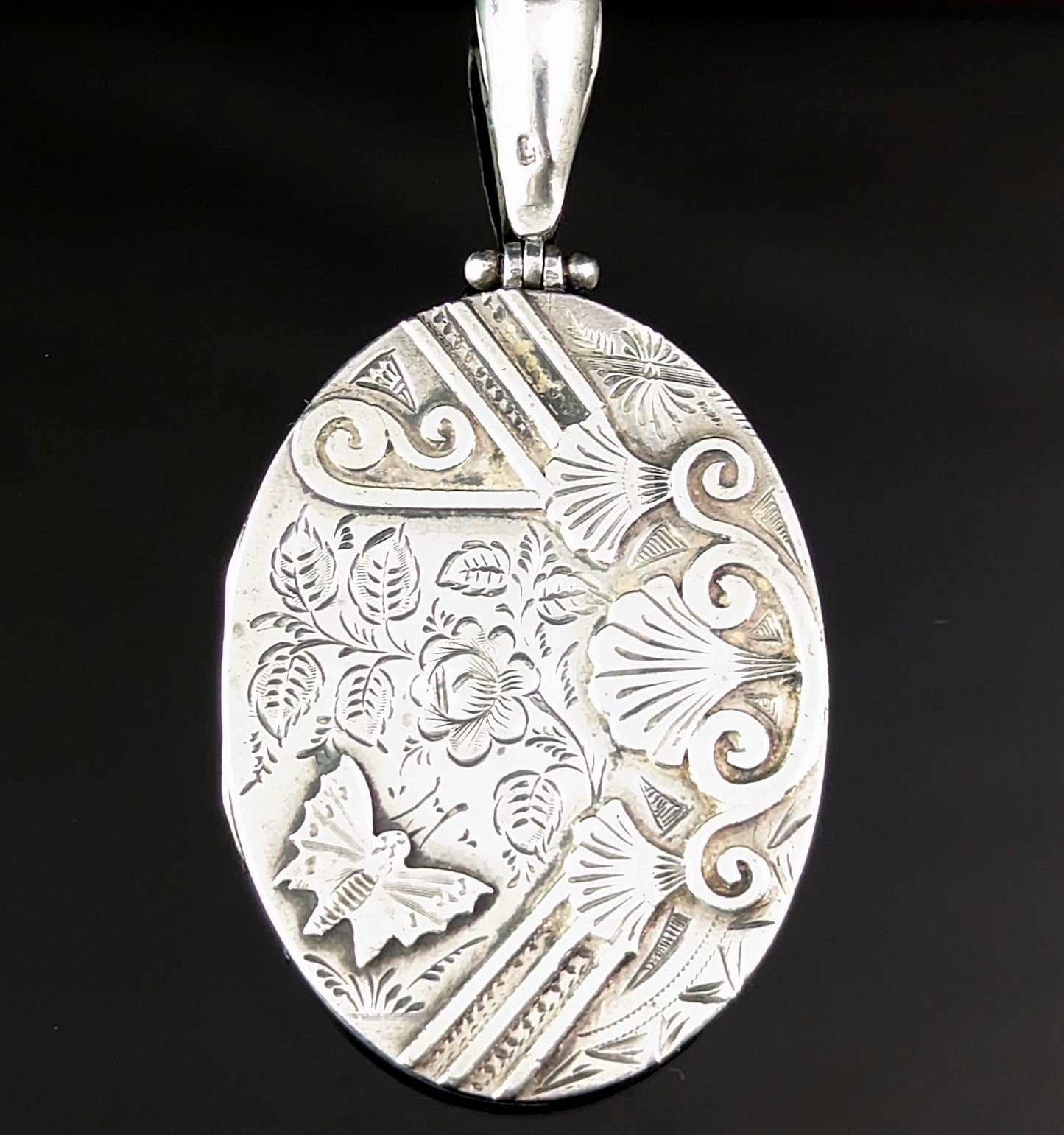 Antique Victorian silver locket pendant, Butterfly and Roses