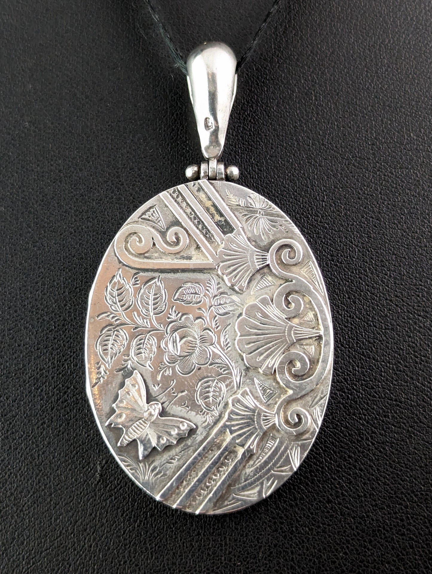Antique Victorian silver locket pendant, Butterfly and Roses