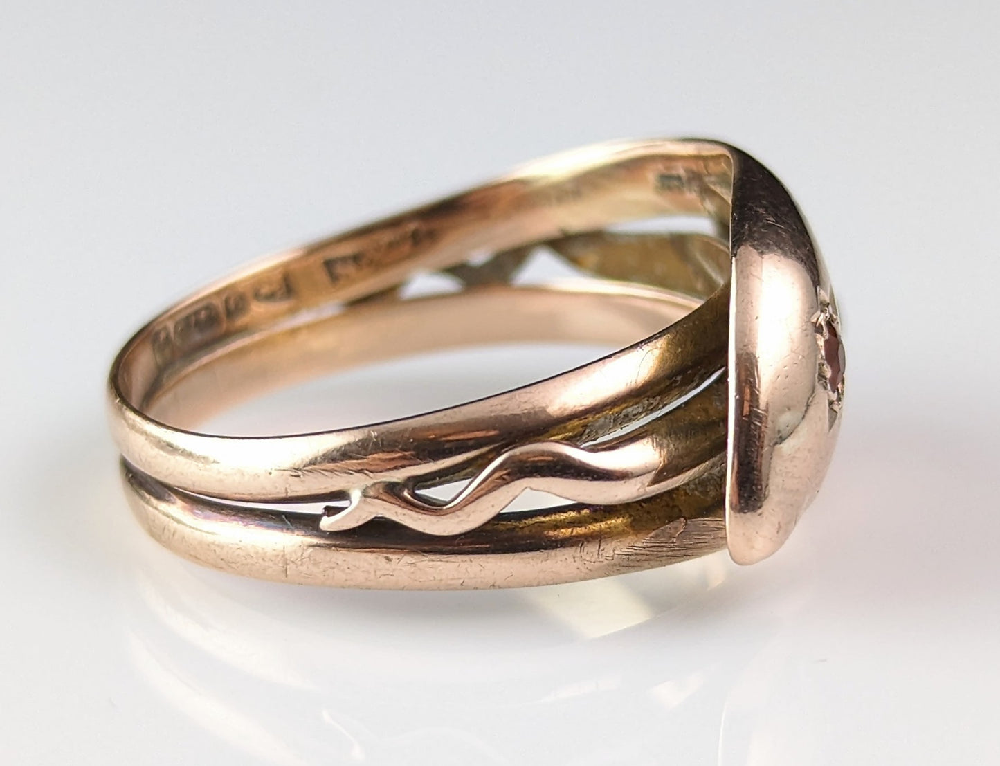 Antique Double snake ring, Garnet, 9ct rose gold