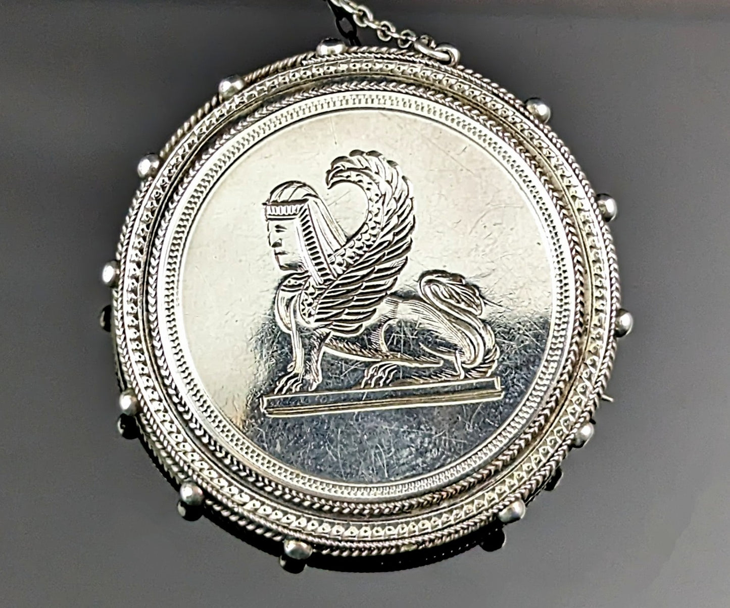 Antique Victorian Assyrian revival brooch, Sterling silver, Lamassu